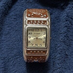 Narmi Silver-Tone and Brown Decorative Cuff Watch